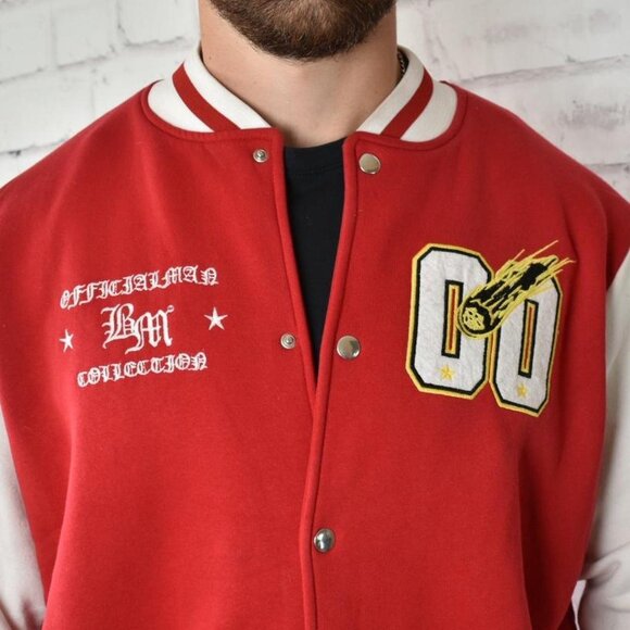 BoohooMAN Plus Cotton Jersey Bomber Varsity Jacket with Patches - Picture 2 of 4